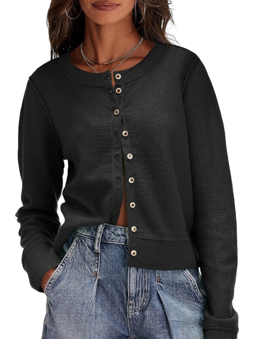 Women's Black Long Sleeve Crew Neck Imported Button Down Cardigan Sweaters